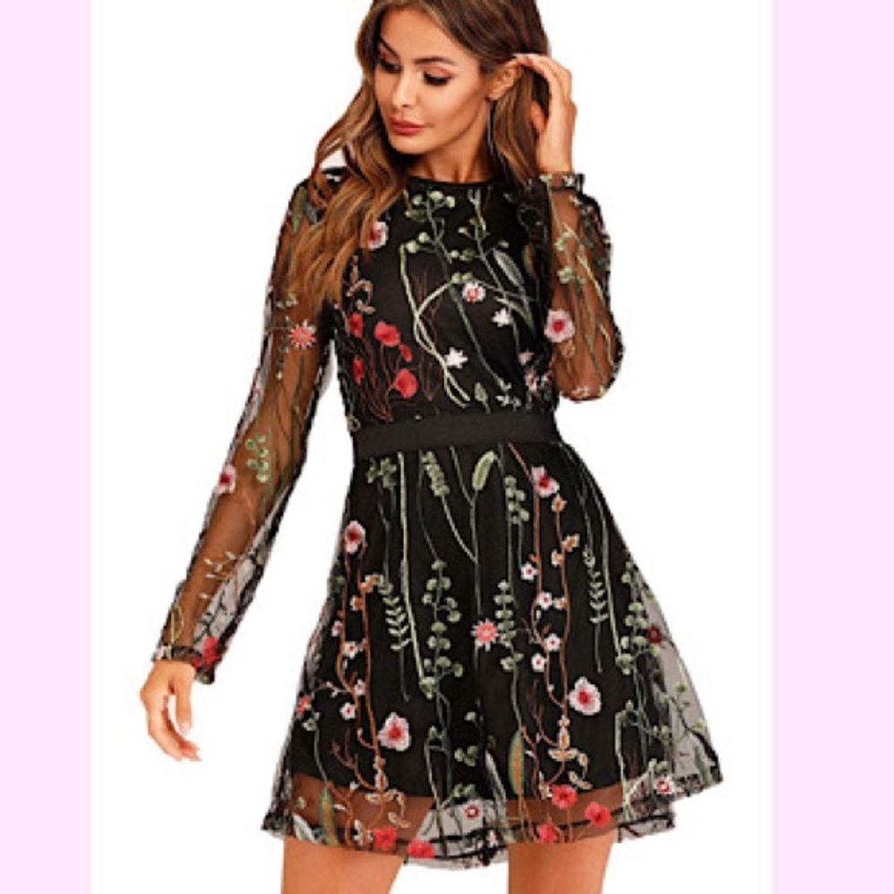 🆕Floral Embroidered Mesh Long Sleeve Dress